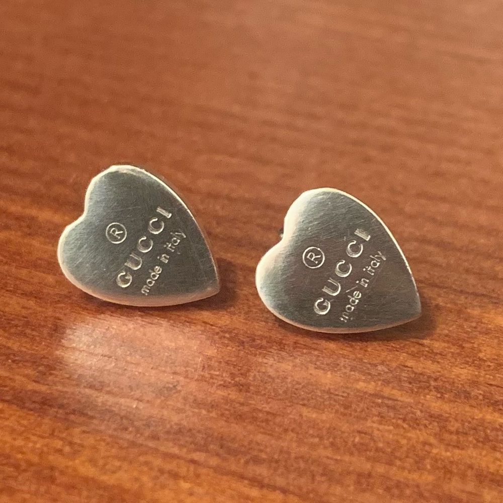 GUCCI Trademark Heart Stud Earrings, Sterling Silver, Stamped